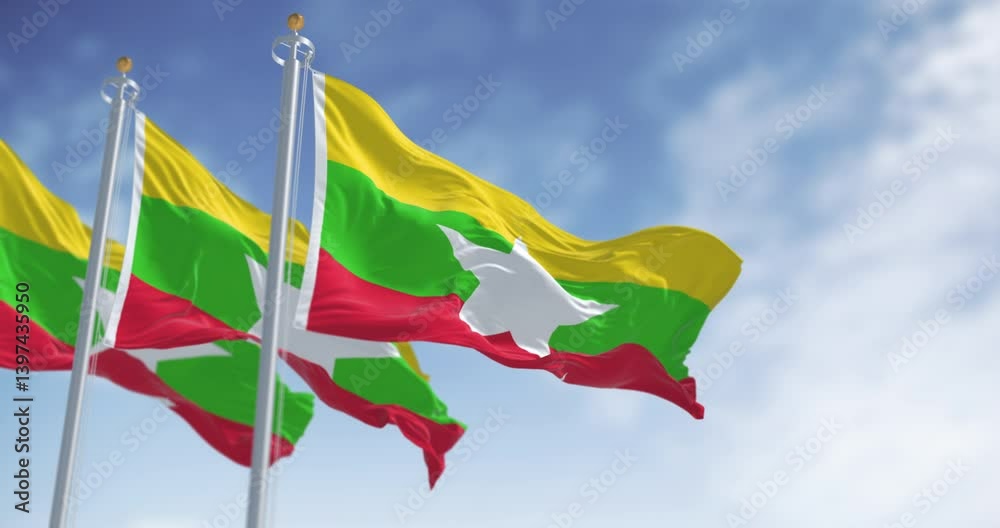 Three Myanmar flags waving in wind with star symbol, 3D render