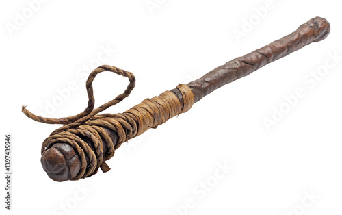 A minimalist depiction of a Passion-era whip with worn leather strands Isolated on transparent background.