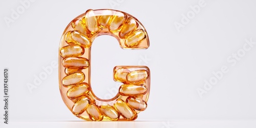 Capital letter G crafted from softgel capsules in shiny golden yellow tones over white background representing pharmaceutical typography in medical visual style of supplement art concept