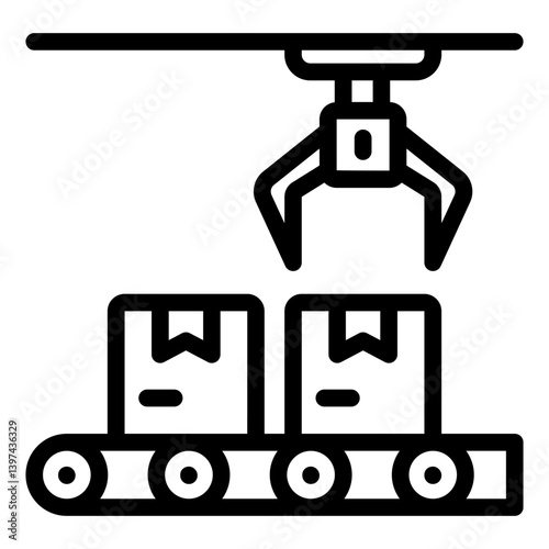 Conveyor belt with arm and boxes line icon, delivery concept. Vector graphics. Parcel boxes, postage sign on white background, style mobile or design.
