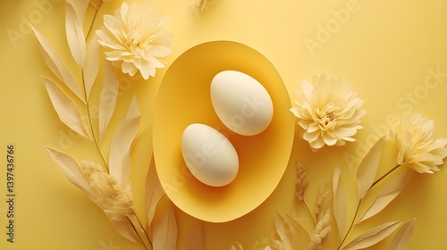 Easter concept. Paper and eggs flat lay with playful yellow background and natural floral decor.