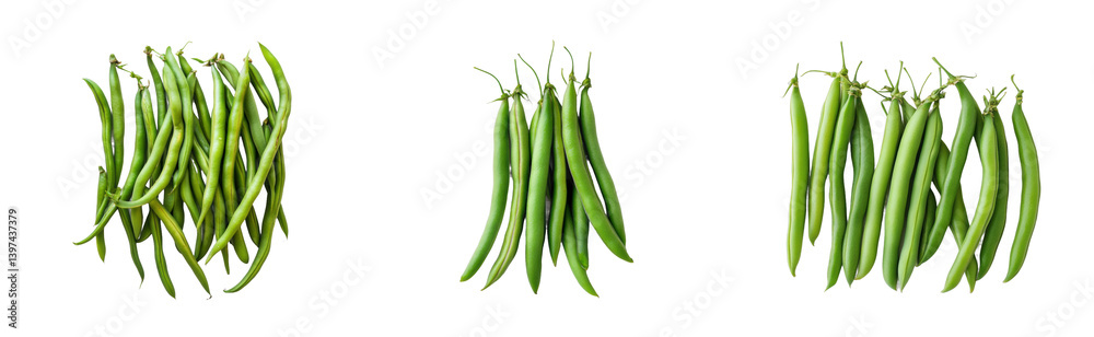Fresh green beans isolated on white background with three distinct arrangements, cut out - stock png Fresh green beans isolated on white background with three distinct arrangements, cut out - stock png