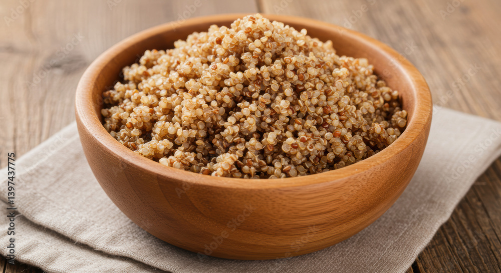 A wooden bowl is filled with fluffy, perfectly cooked quinoa, ready for serving. A wooden bowl is filled with fluffy, perfectly cooked quinoa, ready for serving.