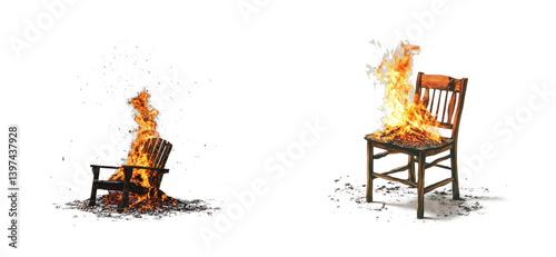 Two wooden chairs on fire with flames and smoke, cut out - stock png