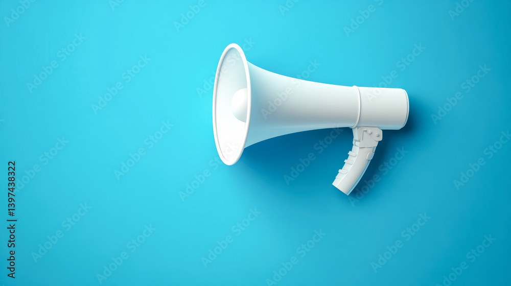 Clean white megaphone on vibrant blue background with negative space for text Clean white megaphone on vibrant blue background with negative space for text
