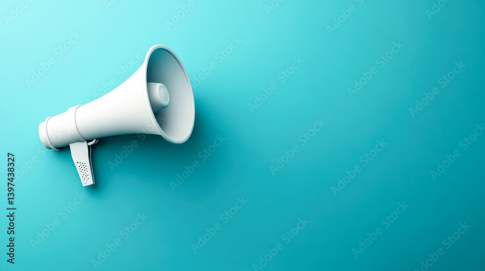 Clean white megaphone on vibrant blue background with negative space for text placement