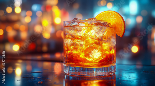 Vibrant Americano cocktail served in a stylish glass with ice and an orange slice at a lively bar