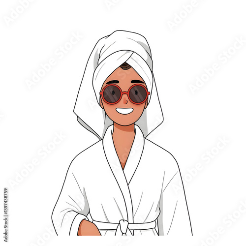 Simple fashion illustration of an elegant woman wearing a white bathrobe and a towel wrapped around her head. She smiles confidently while wearing trendy red sunglasses.
