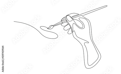 Continuous single line of hand holding flat painter brush for wall building painting and artistic drawing. Handyman equipment and painter tool editable stroke sketch drawing vector illustration