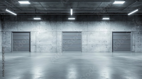 Empty concrete garage interior with modern doors