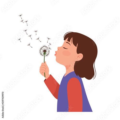Young girl blowing dandelion seeds while smiling joyfully in a minimal flat design vector illustration