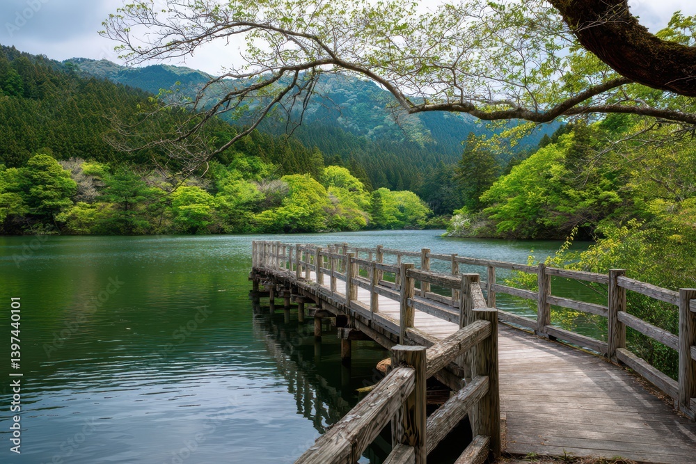a wooden bridge over the lake, a green forest background