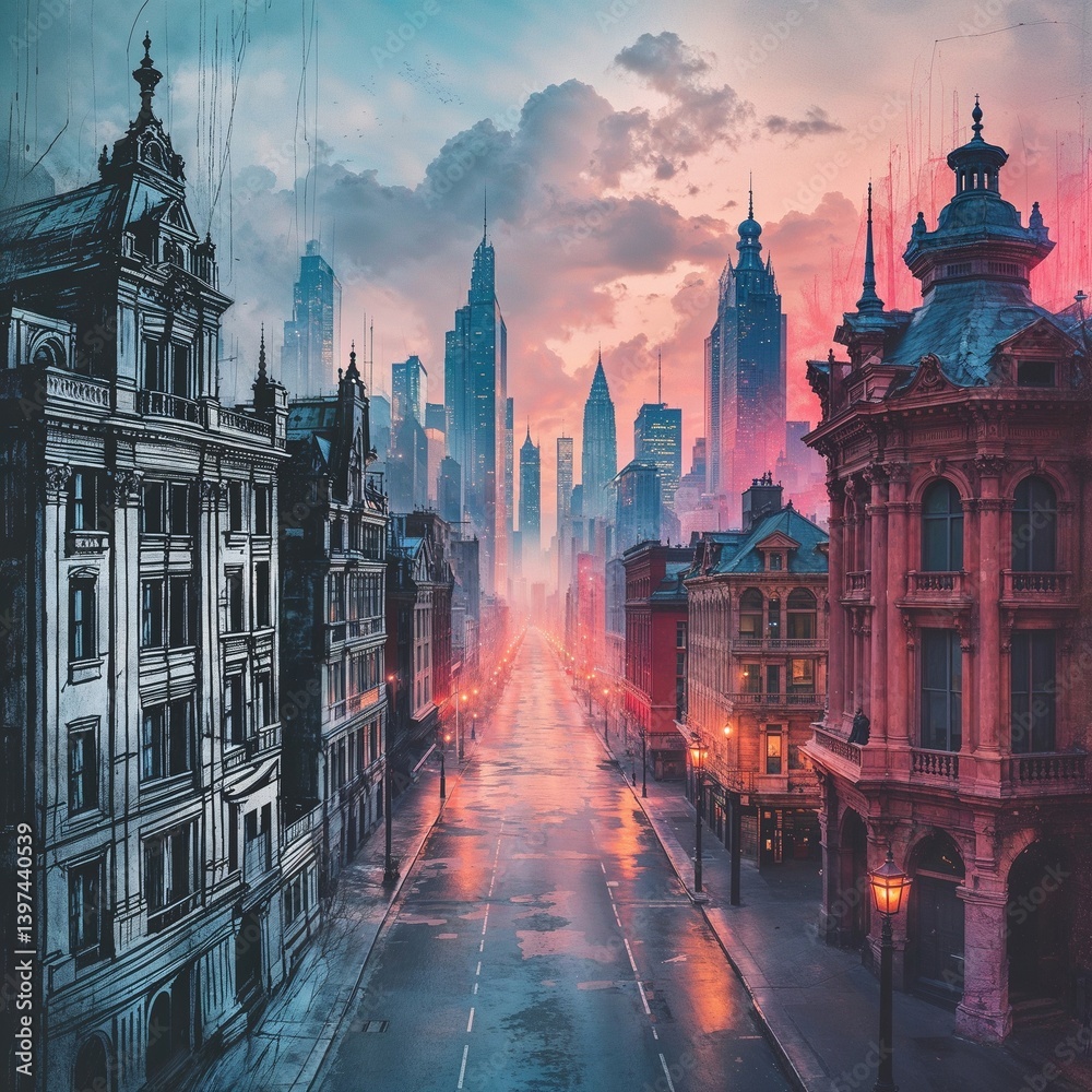 Naklejka premium Historic buildings stand in stark contrast to modern skyscrapers on a deserted urban street at twilight, bathed in surreal lighting. The atmosphere carries an air of mystery and awe