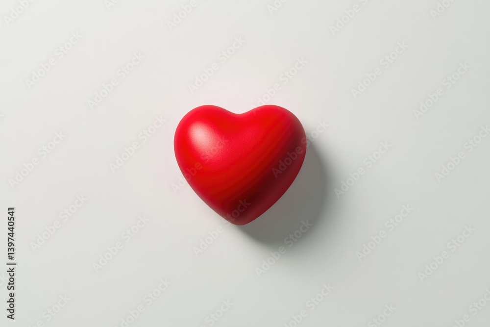 Bright red heart rests on smooth surface, symbolizing love and a Bright red heart rests on smooth surface, symbolizing love and a