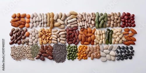 Dry legumes pulses and seeds grouped into aligned horizontal sections separated by color and texture across neutral surface to visualize food balance and grain types