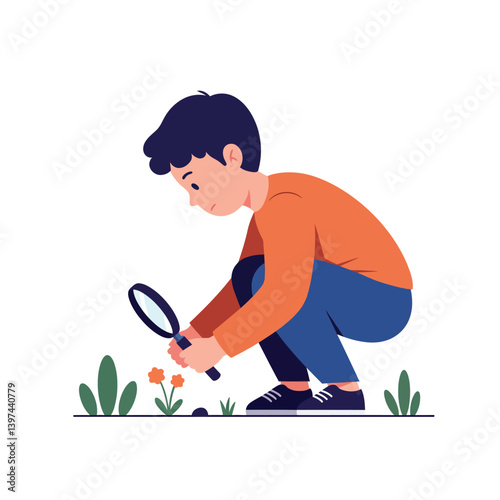 Young boy examining flowers with a magnifying glass in a playful, colorful flat vector illustration