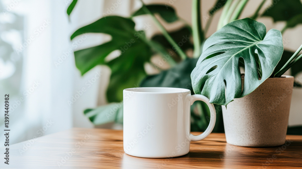 Plain white coffee mug rests beside a potted monstera plant on a wooden table
