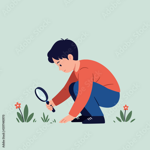 A young boy observing small flowers with a magnifying glass in a minimal flat design vector illustration