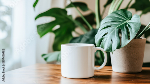 Obraz na płótnie Plain white coffee mug rests beside a potted monstera plant on a wooden table w salonie