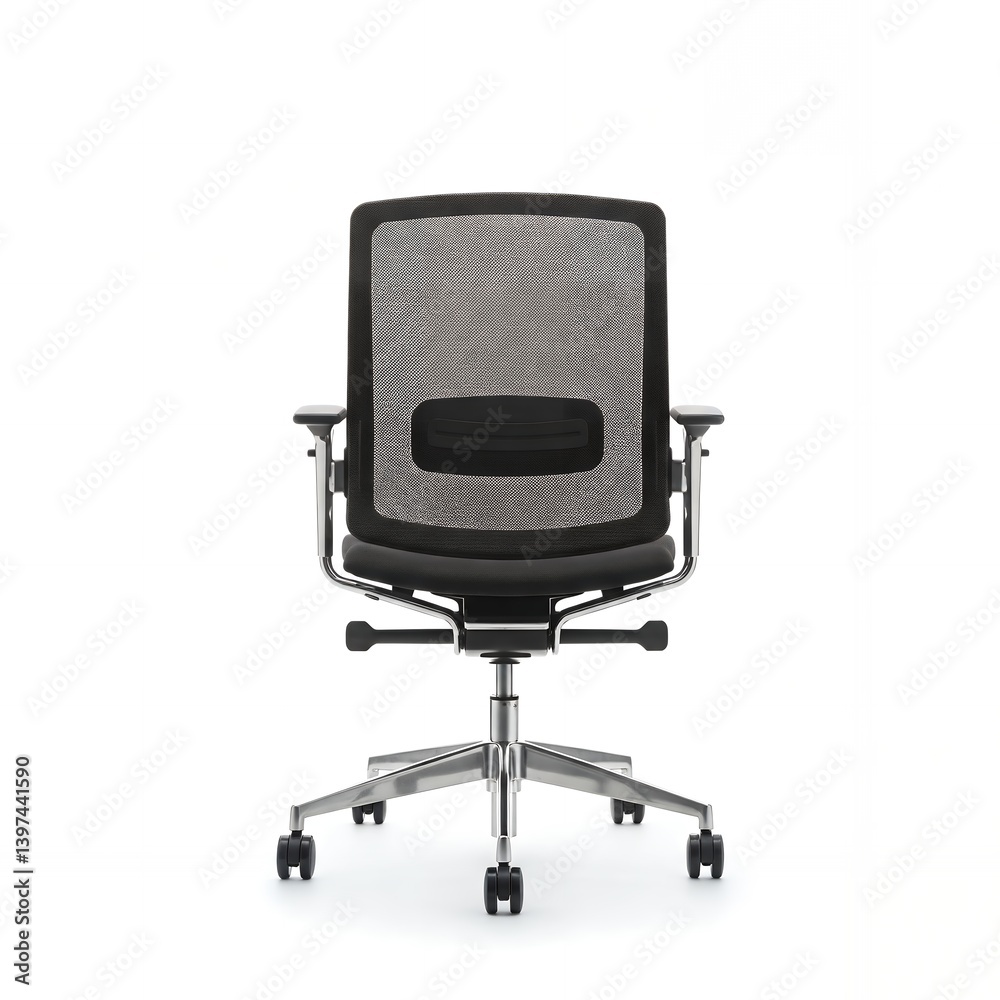 Isolated modern office chair, ergonomic design, mesh backrest