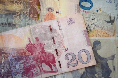 Georgian lari banknotes. ₾ or GEL. Georgia currency. 