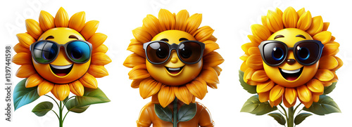 Close-up and front view. Cartoon character of happy smiling sunflower wearing sunglasses, isolated on transparent or white background. Png. Collection and variation. Generative Ai.