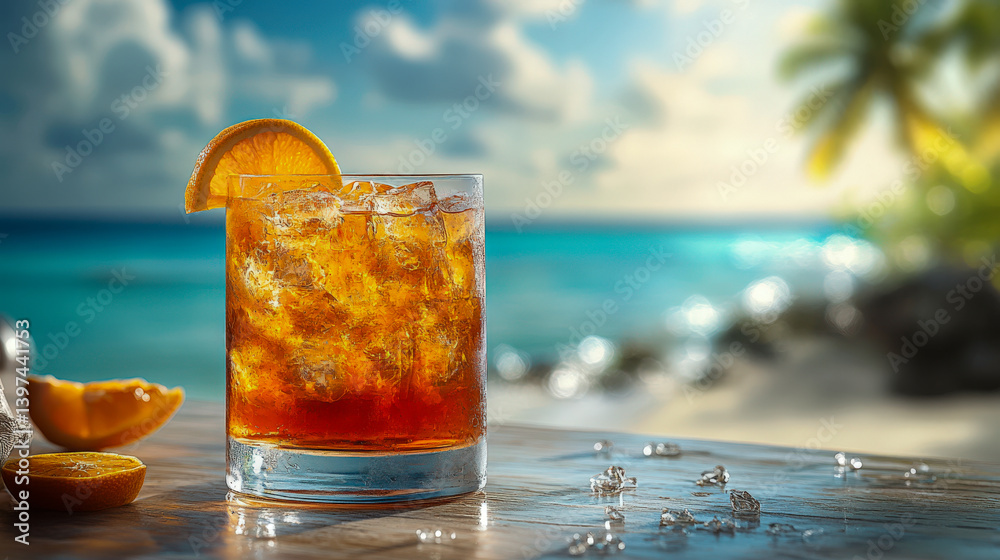 Refreshing cocktail with orange garnish overlooks tranquil beach at sunset Refreshing cocktail with orange garnish overlooks tranquil beach at sunset
