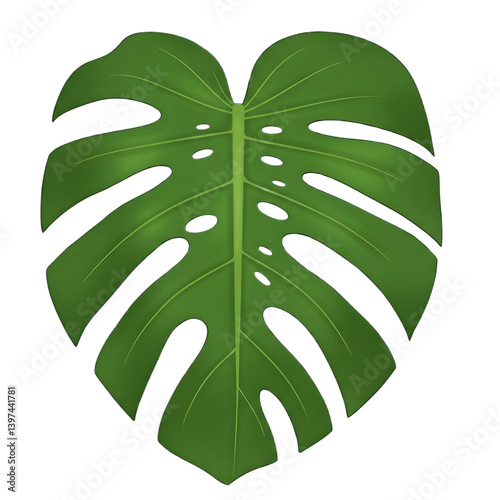 A realistic digital illustration of a Monstera deliciosa leaf, featuring its signature deep green color and natural holes.