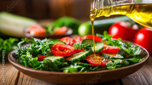Fresh salad with cucumber and tomatoes drizzled with olive oil on a rustic wooden table