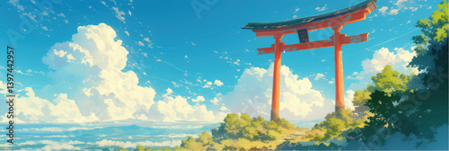 wide panorama view on traditional japanese torii gate and blue sky with white clouds in anime style
