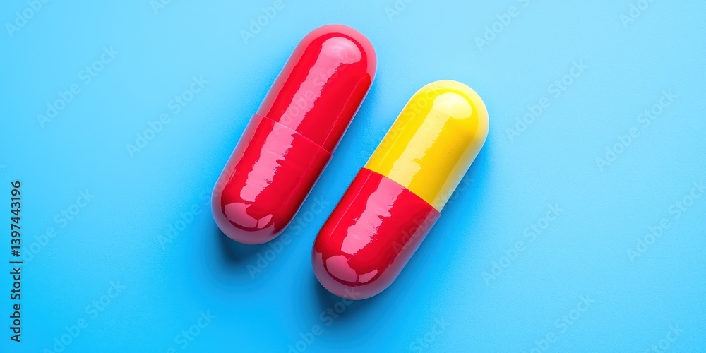 Closeup of two-tone red and yellow capsule isolated on vibrant blue background emphasizing contrast in medical design used in pharmaceutical ads and healthcare stock themes Closeup of two-tone red and yellow capsule isolated on vibrant blue background emphasizing contrast in medical design used in pharmaceutical ads and healthcare stock themes
