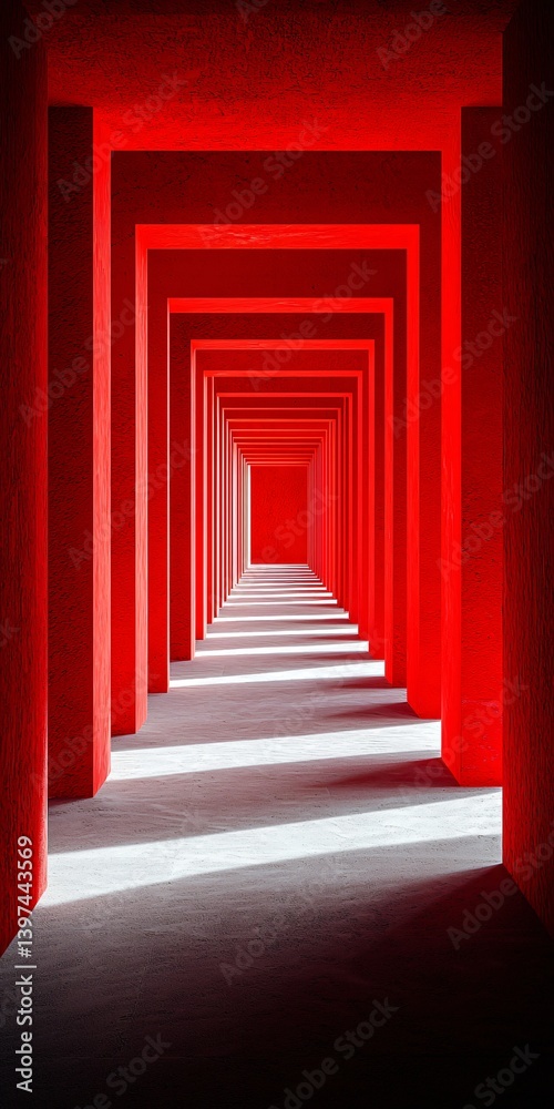 Fototapeta premium Red corridor, light and shadow, architecture, interior design