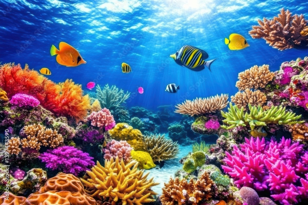 Naklejka premium Coral reef underwater scene with vibrant colors, diverse marine life, and energetic movement captured in a lively setting