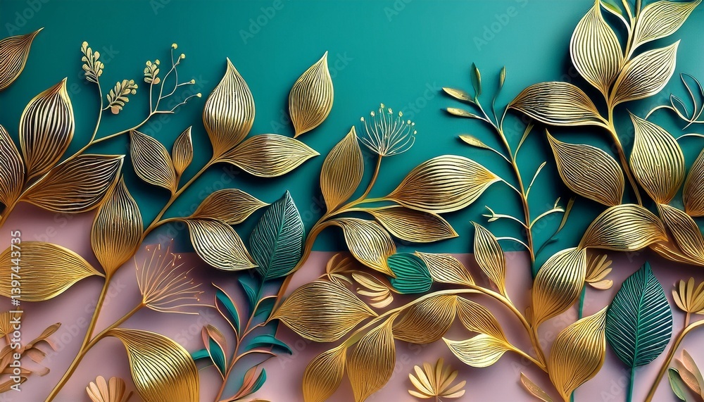 Floral background gold vines leaves and flower stems on border of colorful background minimal plant outlines Floral background gold vines leaves and flower stems on border of colorful background minimal plant outlines
