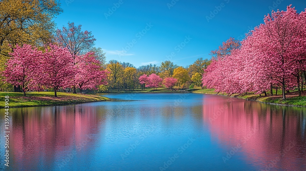 Picturesque lakeside vista with pink blossom trees mirrored in serene waters Picturesque lakeside vista with pink blossom trees mirrored in serene waters