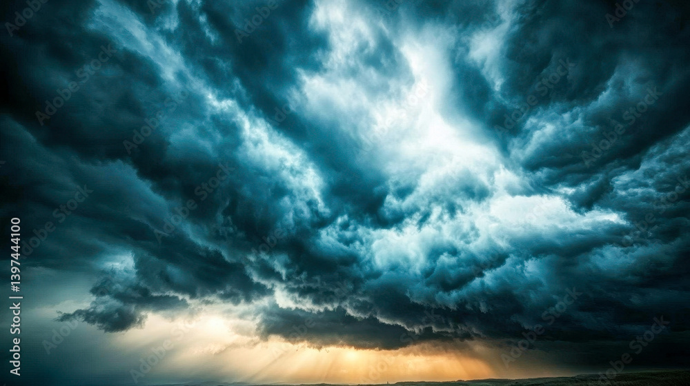 Obraz premium Dramatic storm clouds and sunlight create a striking contrast over the distant horizon