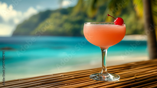 Enjoying a Mary Pickford cocktail on a tropical beach at sunset with palm trees swaying in the gentle breeze