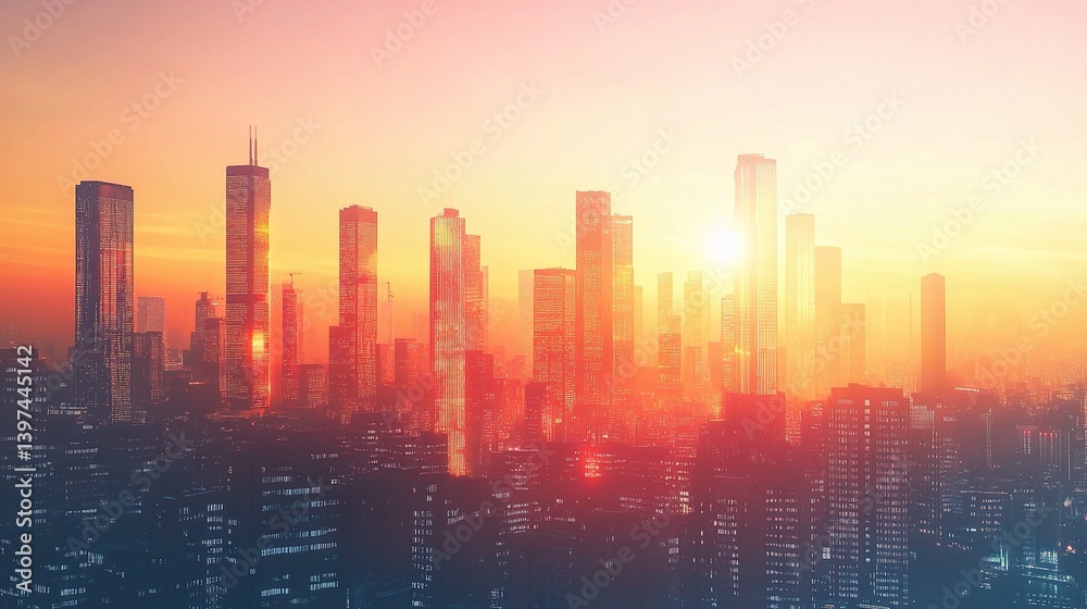 Fototapeta premium Glowing City Skyline with Forex Graph Overlay at Sunset