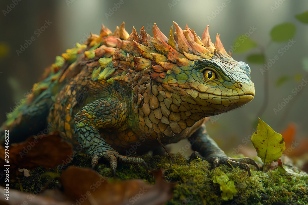 Generative AI illustration of a fantasy lizard creature camouflaged with leafy scales and moss in a vivid autumn forest environment Generative AI illustration of a fantasy lizard creature camouflaged with leafy scales and moss in a vivid autumn forest environment