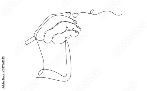 Continuous single line hand holding pen pencil write something sign document and diary. Business and school concept sketch drawing editable stroke vector illustration