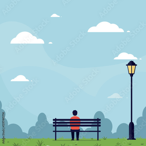 A solitary figure sitting on a park bench under a clear blue sky in a flat vector illustration
