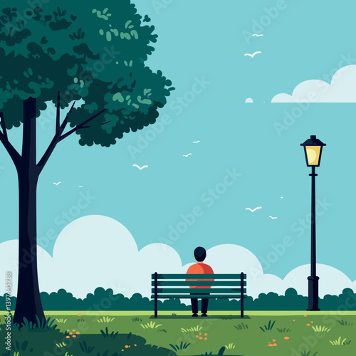 A solitary figure sitting on a park bench under a large tree in a serene flat vector illustration with soft clouds and distant birds in the sky vector art