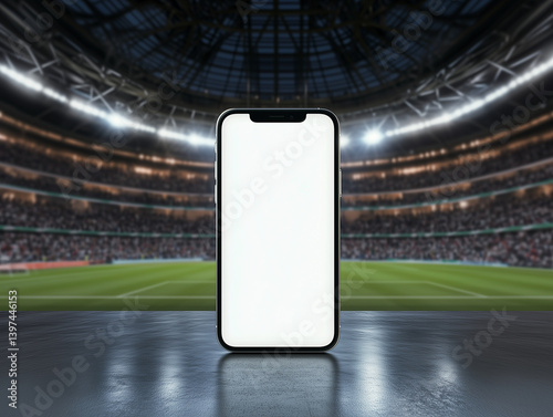 Smartphone with blank white screen standing on platform in crowded sports stadium for fan engagement and sports app mockup concept photo