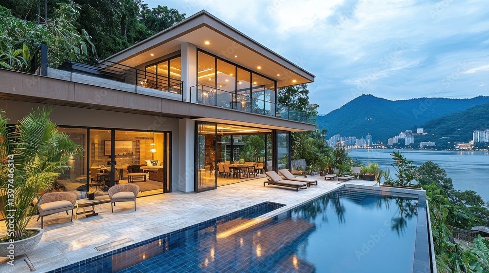 Obraz premium Modern home featuring an infinity pool overlooking water and distant city lights