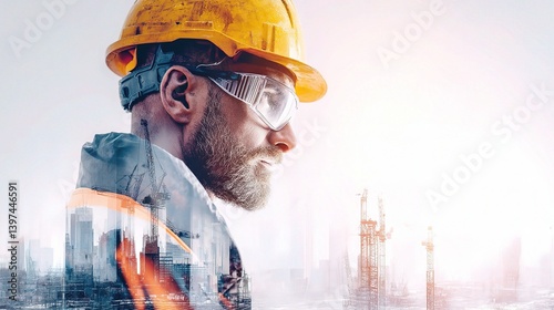 Construction Engineer in Safety Gear Overlooking Urban Skyline