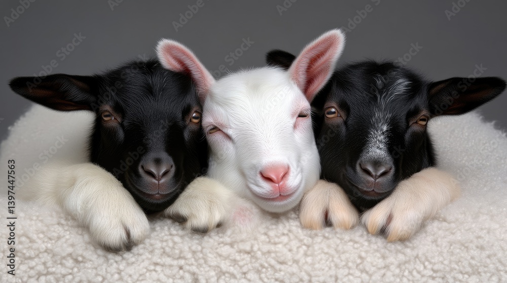 Three adorable baby goats snuggled together Three adorable baby goats snuggled together