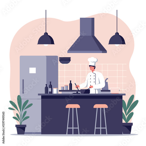 Chef preparing delicious dishes in a modern kitchen with minimal design elements, bright colors, and plants, showcasing culinary skills in vibrant vector art
