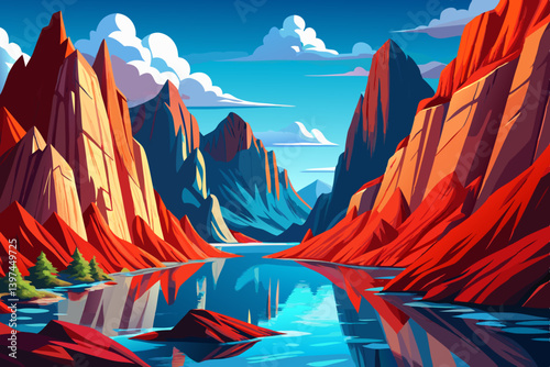 fjord landscape with red cliffs and deep blue waters, towering red granite cliffs reflecting into crystal clear blue water