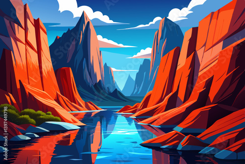 fjord landscape with red cliffs and deep blue waters, towering red granite cliffs reflecting into crystal clear blue water
