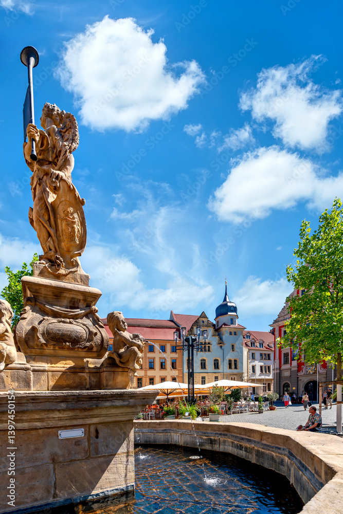 Schellenbrunnen Fountain on the main market square in Gotha, Thuringia
